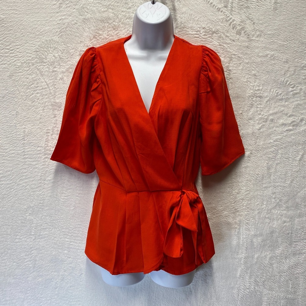 Andree By Unit Peplum Wrap Tied Blouse Women Small Red Surplice Neck Puff Sleeve